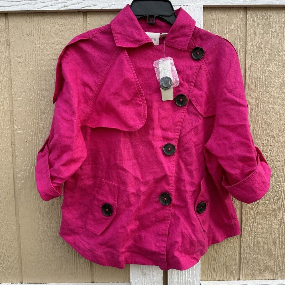 Chico's Women's 100% Linen Cropped Trench Jacket 3/4 Sleeve Pink Size 1 Small/8